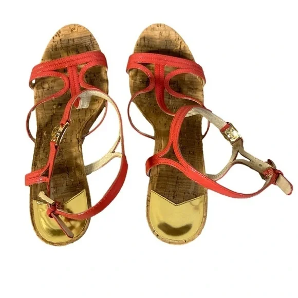 Michael Kors coral pink wedges with gold buckle MK strap size 7.5 - Picture 4 of 7